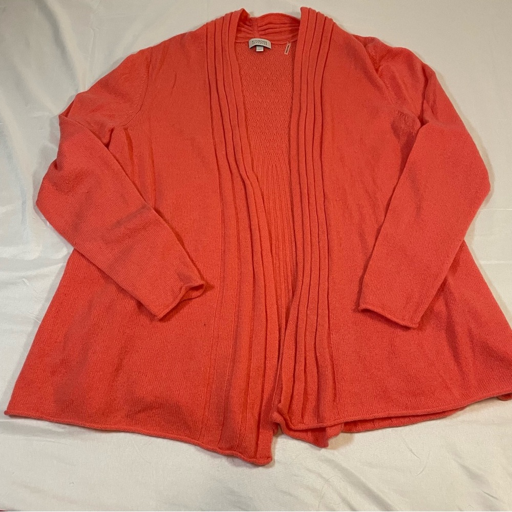 Kinross Cashmere Coral Pink Open Front Ribbed Cardigan Sweater XL 100% Cashmere